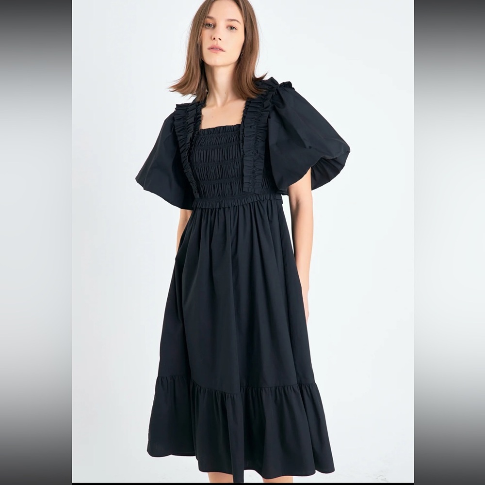 English Factory Puff Short Sleeve Square Neck Midi Dress
